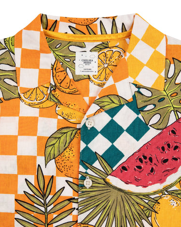Kids' Linen-Blend Fruit Checkerboard Print Short Pyjama Set